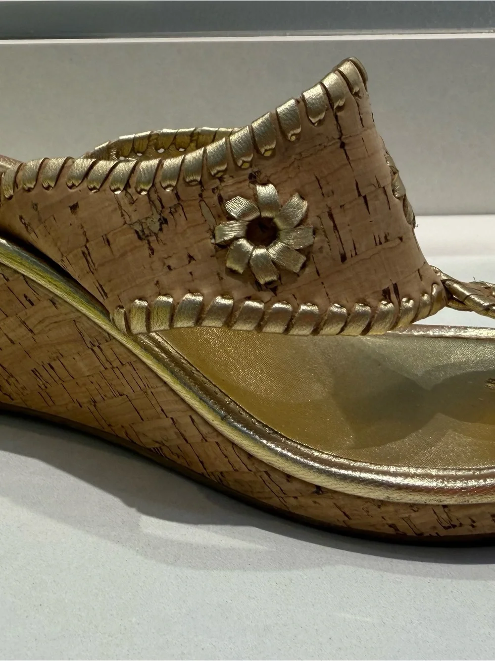Metallic Gold Cork Wedge Sandals with Floral Accent